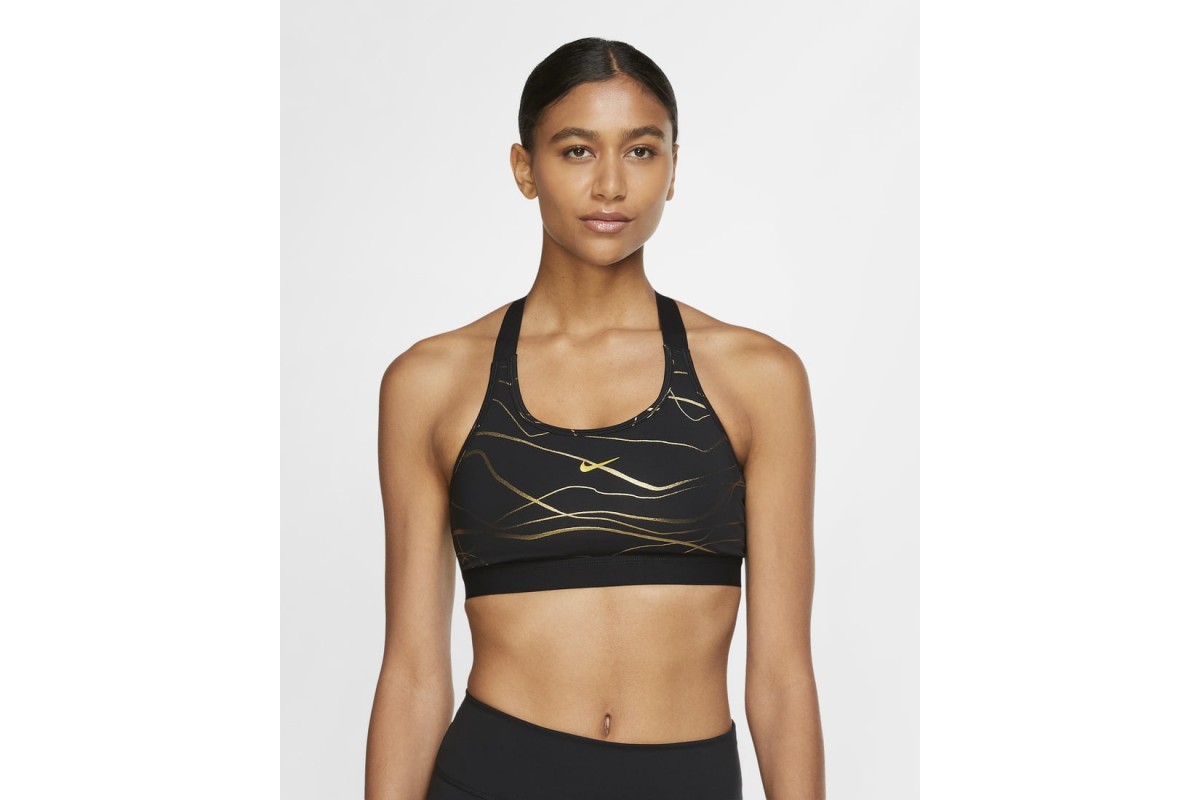 Nike Women's Black Metal Gold Swoosh Icon Clash Sports Bra (DM0915-010) Sz L /XL